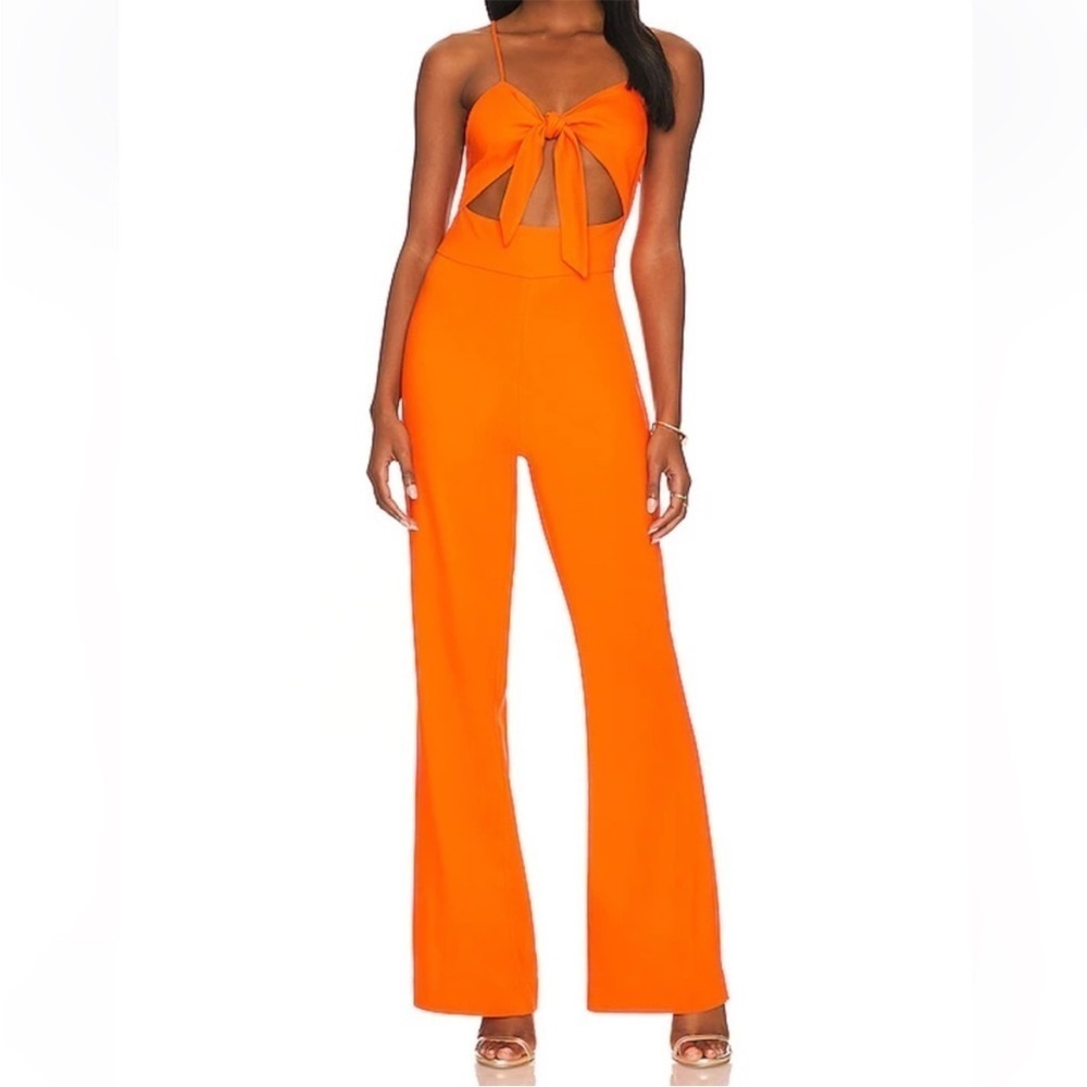 Lita By Ciara Revolve Neon Orange Tie Front Open Cutout Wide Leg Jumpsuit Sz XL
